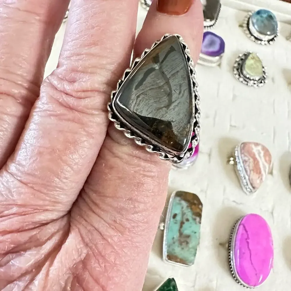 💕‎ Natural pyrite gemstone silver plated overlay ring adjustable stamped 925